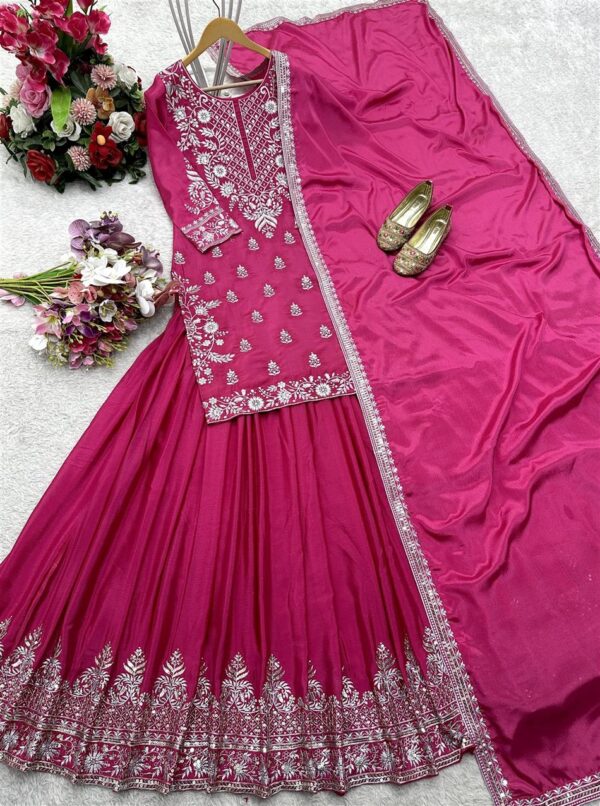 Shop Pure Chinon Silk Embroidered Top-Lehenga-Dupatta Set - Image 6