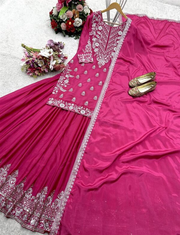 Shop Pure Chinon Silk Embroidered Top-Lehenga-Dupatta Set - Image 7