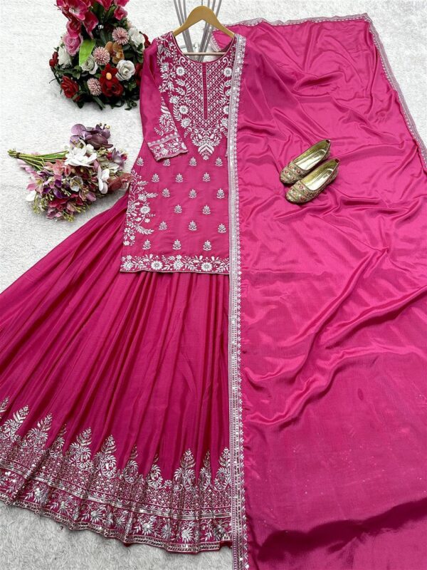 Shop Pure Chinon Silk Embroidered Top-Lehenga-Dupatta Set - Image 4