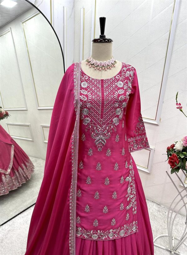 Shop Pure Chinon Silk Embroidered Top-Lehenga-Dupatta Set - Image 3