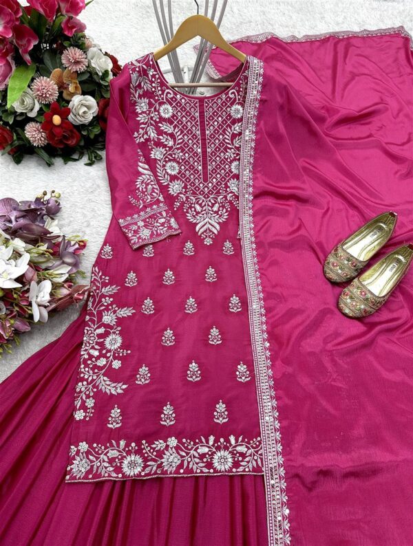 Shop Pure Chinon Silk Embroidered Top-Lehenga-Dupatta Set - Image 5