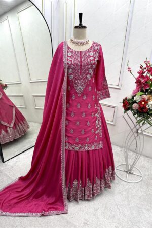 Shop Pure Chinon Silk Embroidered Top-Lehenga-Dupatta Set