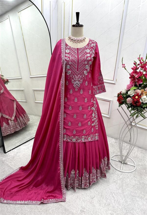 Shop Pure Chinon Silk Embroidered Top-Lehenga-Dupatta Set