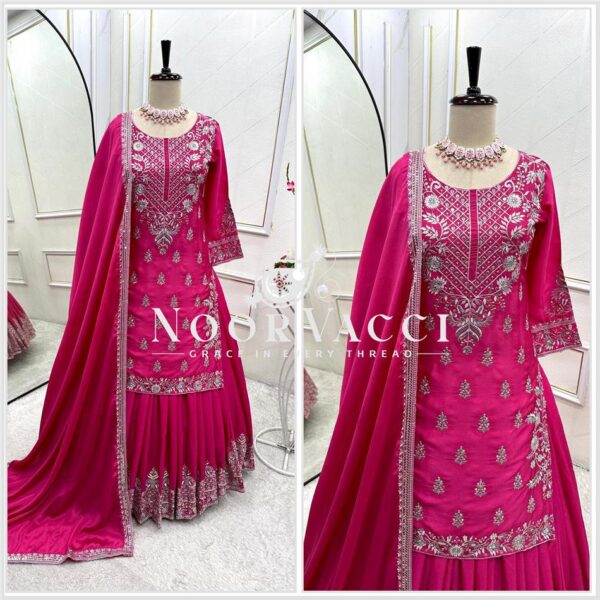 Shop Pure Chinon Silk Embroidered Top-Lehenga-Dupatta Set - Image 2