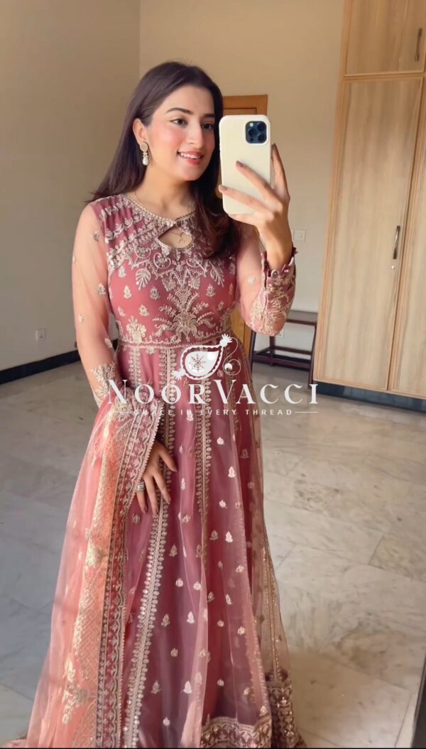 Shop Embroidered Fox Georgette Gown-Pant-Dupatta Set - Image 3