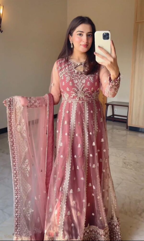 Shop Embroidered Fox Georgette Gown-Pant-Dupatta Set - Image 2