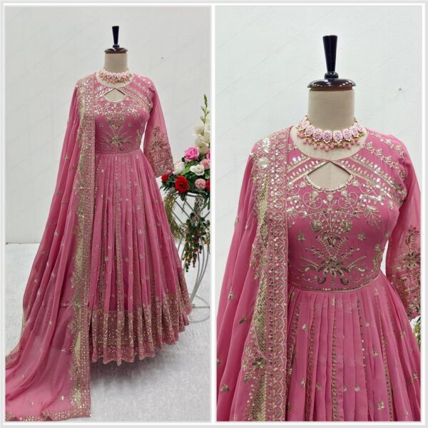 Shop Embroidered Fox Georgette Gown-Pant-Dupatta Set - Image 4