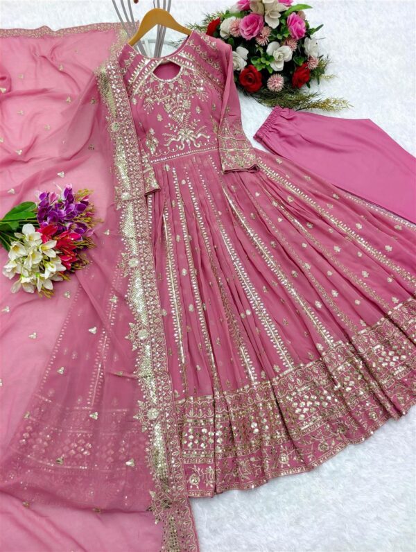 Shop Embroidered Fox Georgette Gown-Pant-Dupatta Set - Image 7