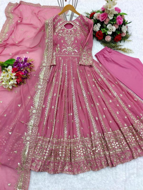 Shop Embroidered Fox Georgette Gown-Pant-Dupatta Set - Image 5