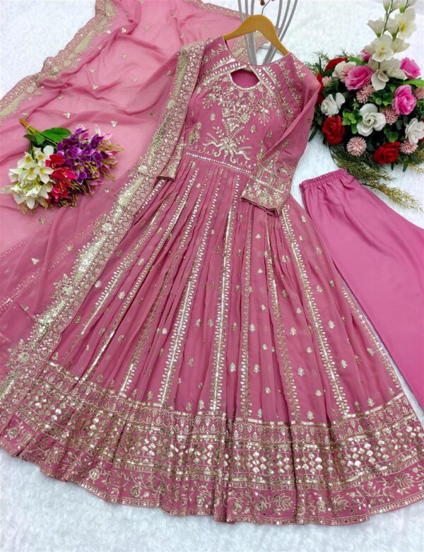 Shop Embroidered Fox Georgette Gown-Pant-Dupatta Set - Image 6