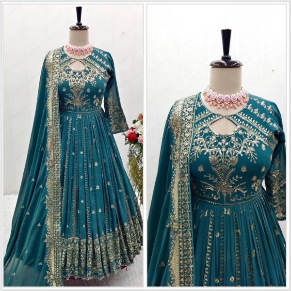 Buy Embroidered Fox Georgette Gown-Pant-Dupatta Set