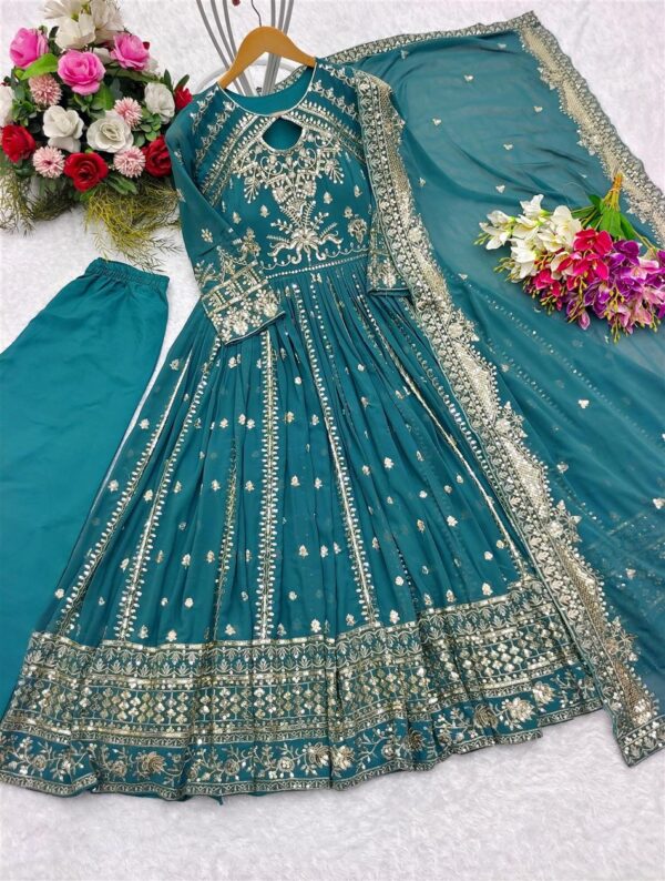 Buy Embroidered Fox Georgette Gown-Pant-Dupatta Set - Image 3
