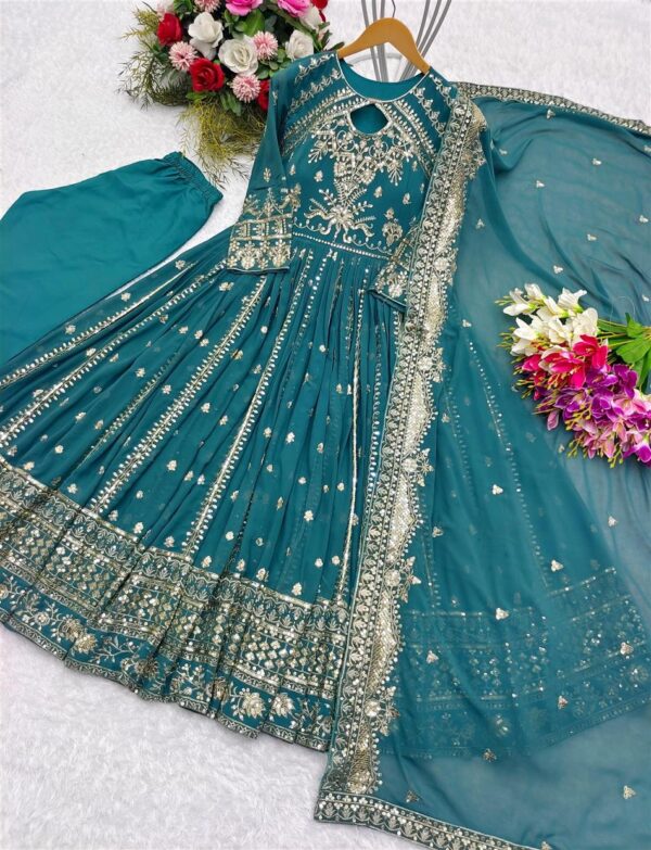 Buy Embroidered Fox Georgette Gown-Pant-Dupatta Set - Image 4
