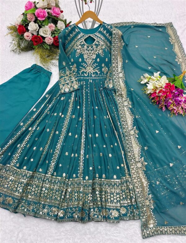 Buy Embroidered Fox Georgette Gown-Pant-Dupatta Set - Image 2