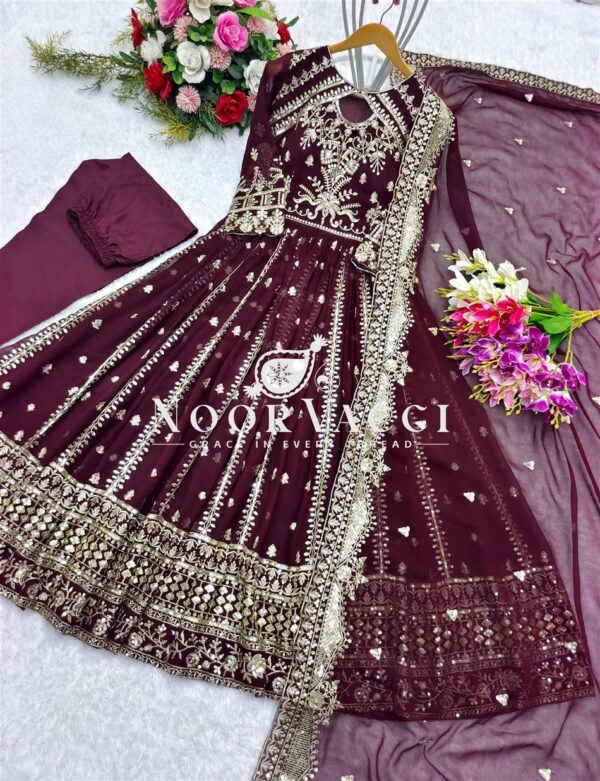 Buy Embroidered Fox Georgette Gown-Pant-Dupatta Set - Image 3