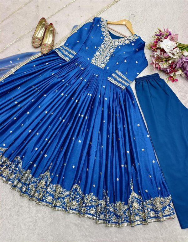 Shop Heavy Satin Silk Embroidered Gown-Pant Set with Dupatta - Image 10