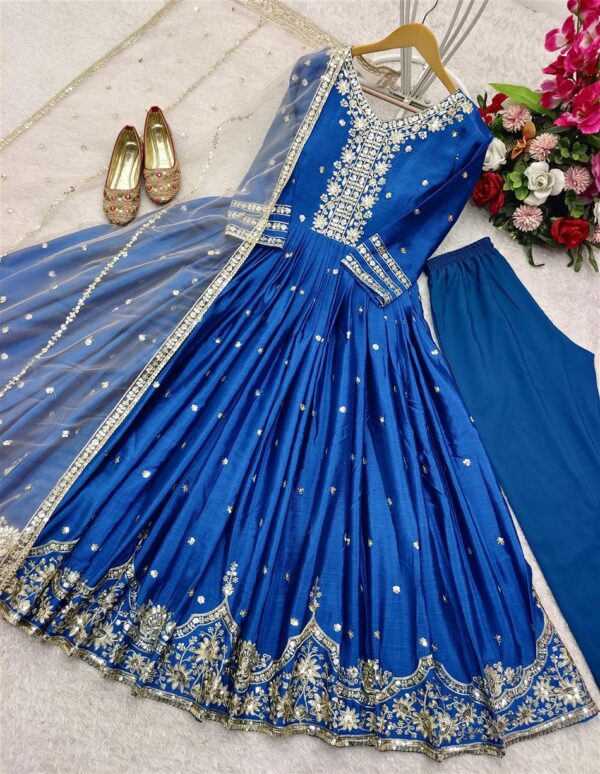 Shop Heavy Satin Silk Embroidered Gown-Pant Set with Dupatta - Image 8