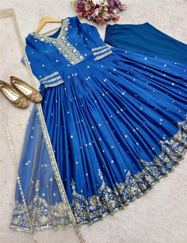 Shop Heavy Satin Silk Embroidered Gown-Pant Set with Dupatta - Image 9