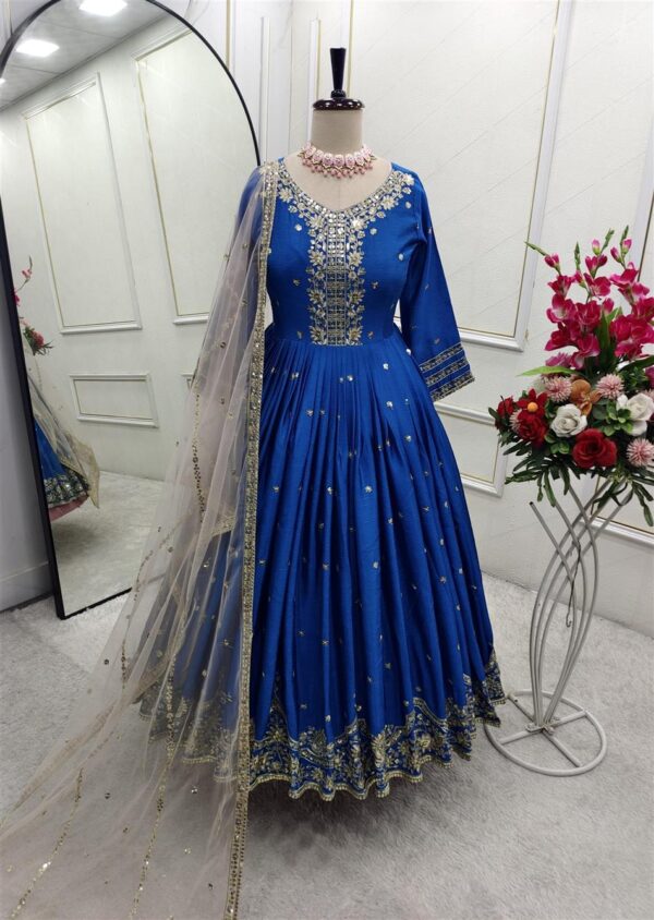 Shop Heavy Satin Silk Embroidered Gown-Pant Set with Dupatta - Image 5