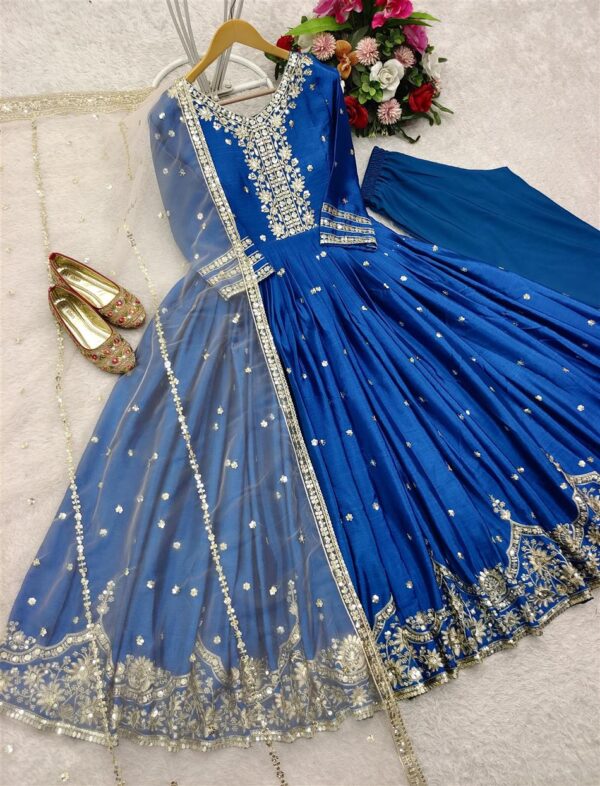 Shop Heavy Satin Silk Embroidered Gown-Pant Set with Dupatta - Image 4