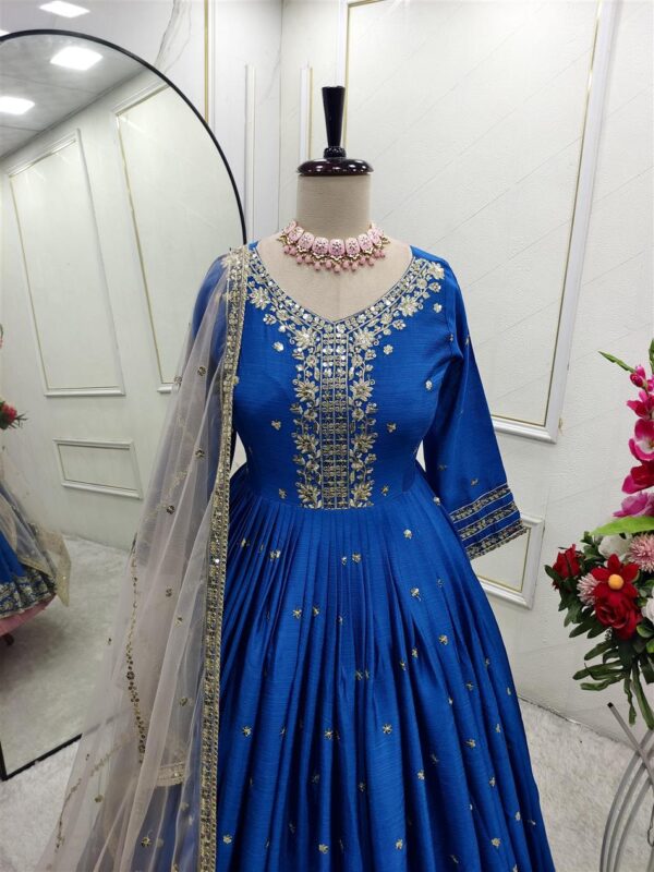 Shop Heavy Satin Silk Embroidered Gown-Pant Set with Dupatta - Image 6