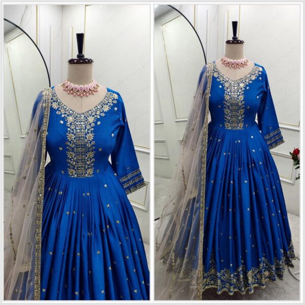 Shop Heavy Satin Silk Embroidered Gown-Pant Set with Dupatta - Image 7
