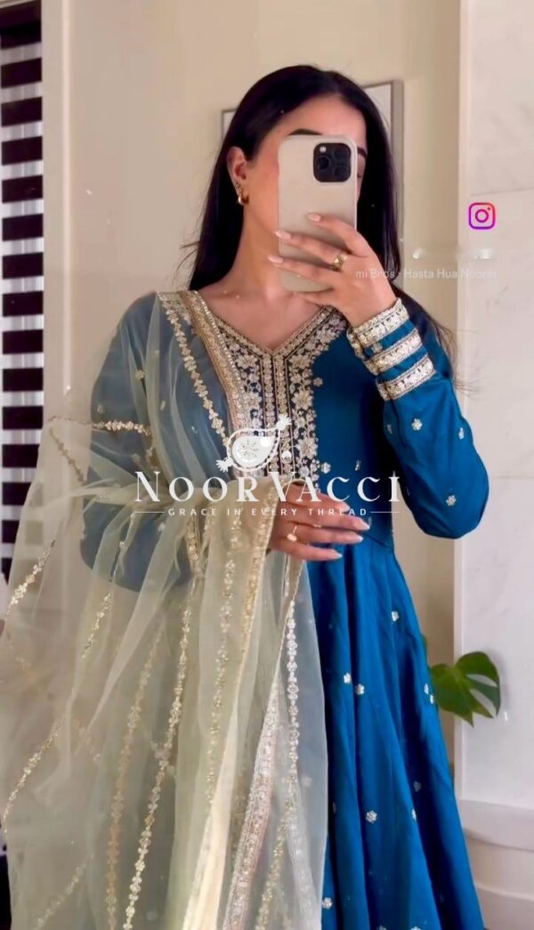 Shop Heavy Satin Silk Embroidered Gown-Pant Set with Dupatta - Image 2