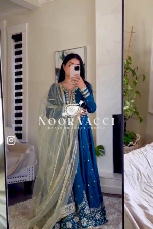 Shop Heavy Satin Silk Embroidered Gown-Pant Set with Dupatta