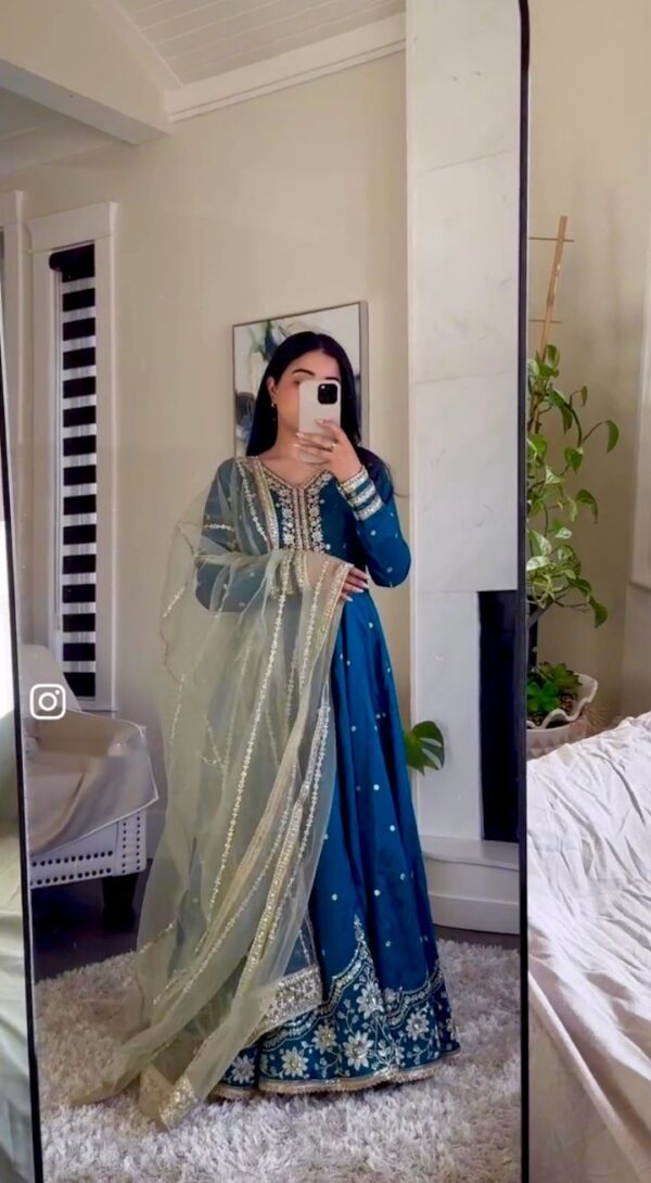 Shop Heavy Satin Silk Embroidered Gown-Pant Set with Dupatta