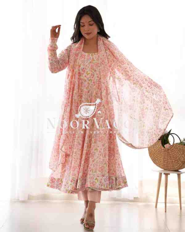 Orange Chiffon Floral Anarkali Set – Bright 4M Flair for Summer Weddings - Image 4