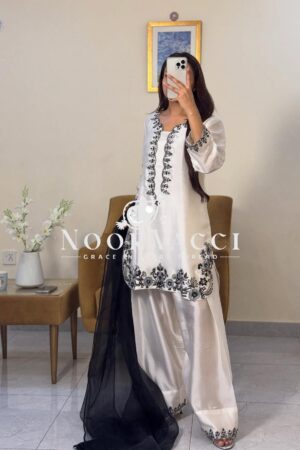 Buy Designer Pure Natural Crepe Top with Farshi Palazzo & Organza Dupatta Set