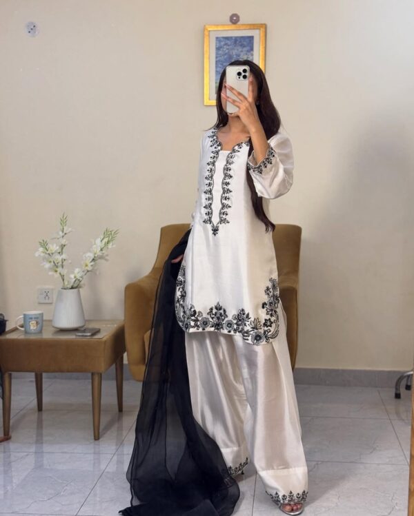 Buy Designer Pure Natural Crepe Top with Farshi Palazzo & Organza Dupatta Set