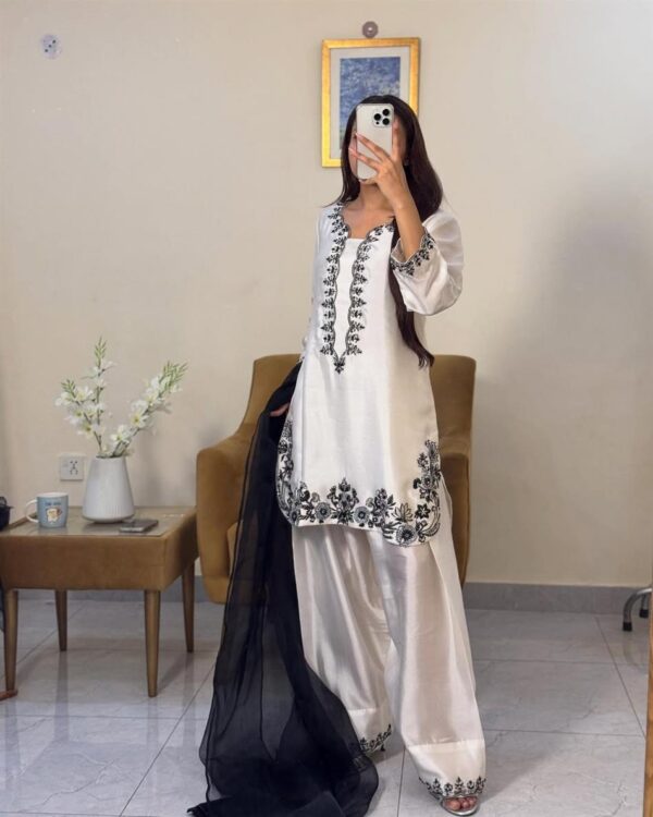 Buy Designer Pure Natural Crepe Top with Farshi Palazzo & Organza Dupatta Set