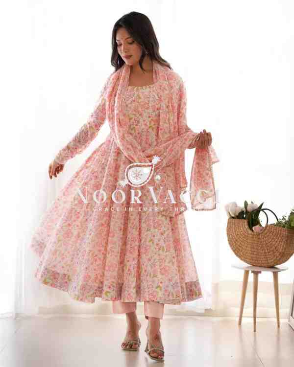 Orange Chiffon Floral Anarkali Set – Bright 4M Flair for Summer Weddings - Image 5