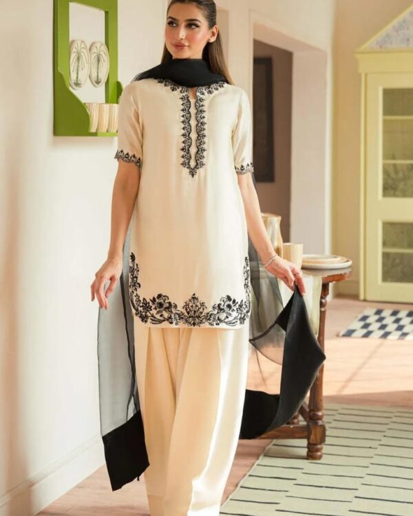Buy Designer Pure Natural Crepe Top with Farshi Palazzo & Organza Dupatta Set - Image 3