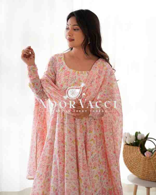 Orange Chiffon Floral Anarkali Set – Bright 4M Flair for Summer Weddings - Image 3