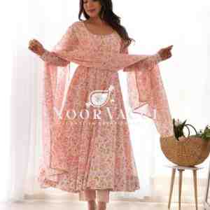 Orange Chiffon Floral Anarkali Set – Bright 4M Flair for Summer Weddings