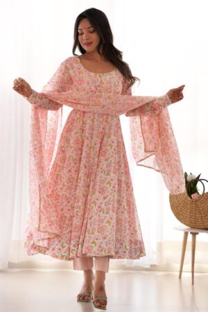 Buy Orange Chiffon Floral Anarkali Set – Bright 4M Flair for Summer Weddings