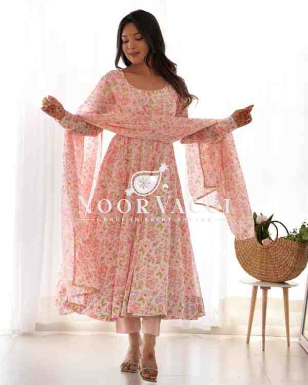 Orange Chiffon Floral Anarkali Set – Bright 4M Flair for Summer Weddings