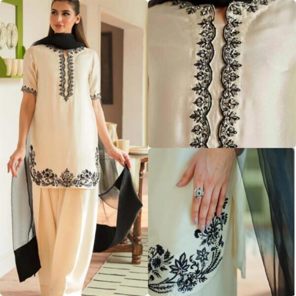 Buy Designer Pure Natural Crepe Top with Farshi Palazzo & Organza Dupatta Set - Image 4