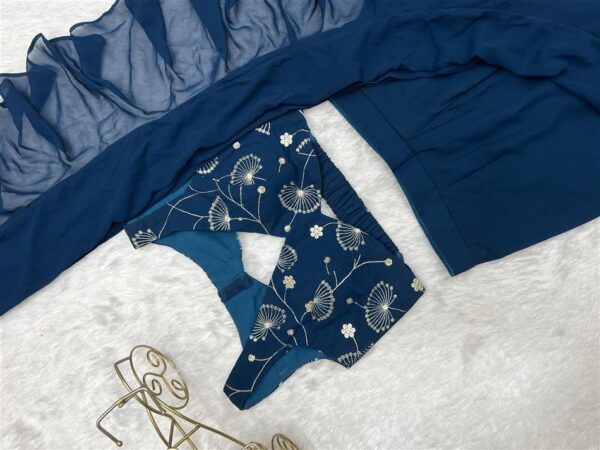 Shop Teal Blue Ready to Wear Sharara Saree with Embroidered Blouse - Image 13