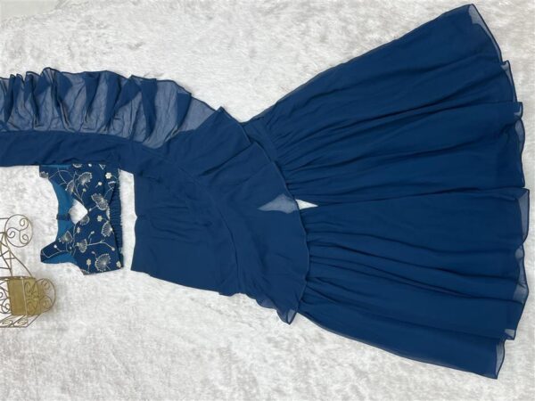 Shop Teal Blue Ready to Wear Sharara Saree with Embroidered Blouse - Image 12