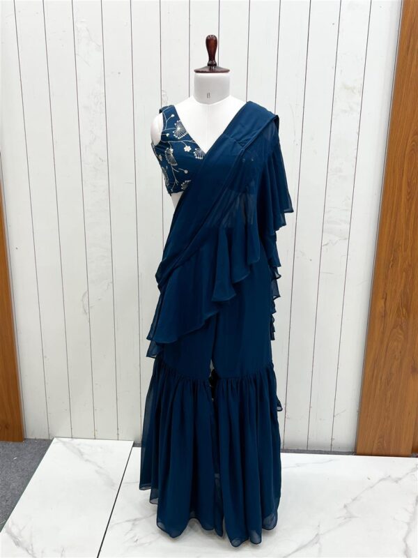 Shop Teal Blue Ready to Wear Sharara Saree with Embroidered Blouse - Image 10