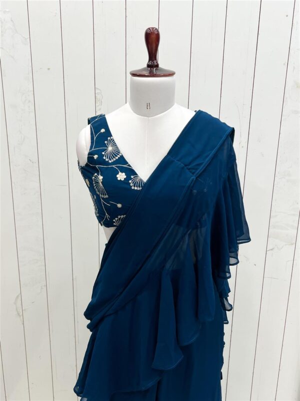 Shop Teal Blue Ready to Wear Sharara Saree with Embroidered Blouse - Image 11