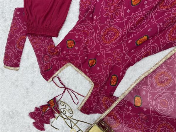 Shop Red Chiffon Bandhej Anarkali Set with Dupatta - Image 9