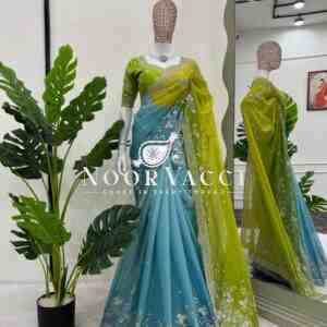 Tibby Silk Designer Saree with Digital Print & Embroidery | Mono Banglori Blouse Front & Back Work