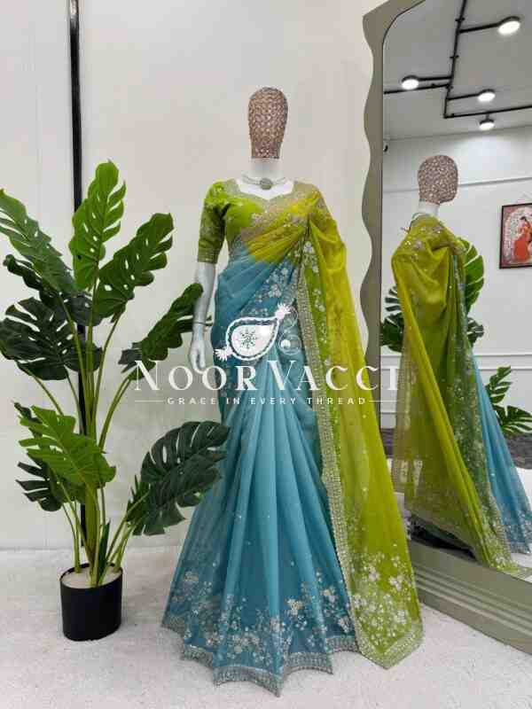 Tibby Silk Designer Saree with Digital Print & Embroidery | Mono Banglori Blouse Front & Back Work