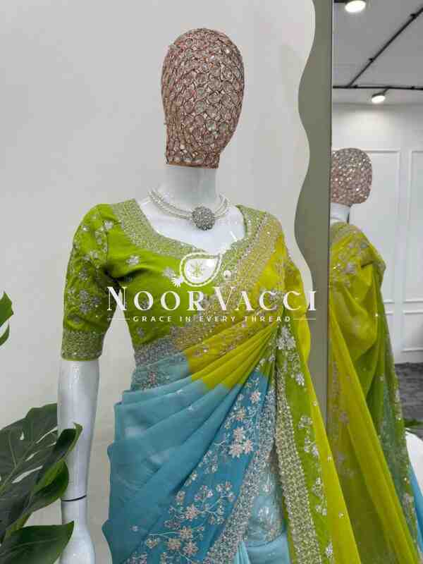 Tibby Silk Designer Saree with Digital Print & Embroidery | Mono Banglori Blouse Front & Back Work - Image 3