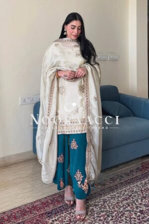 Shop Designer Chinnon Silk Embroidered Top-Bottom & Dupatta Set