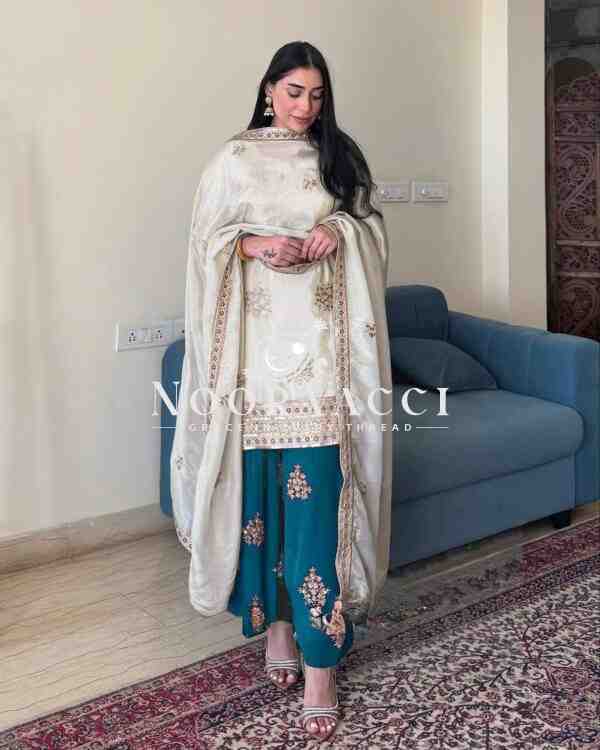 Designer Chinnon Silk Embroidered Top-Bottom & Dupatta Set